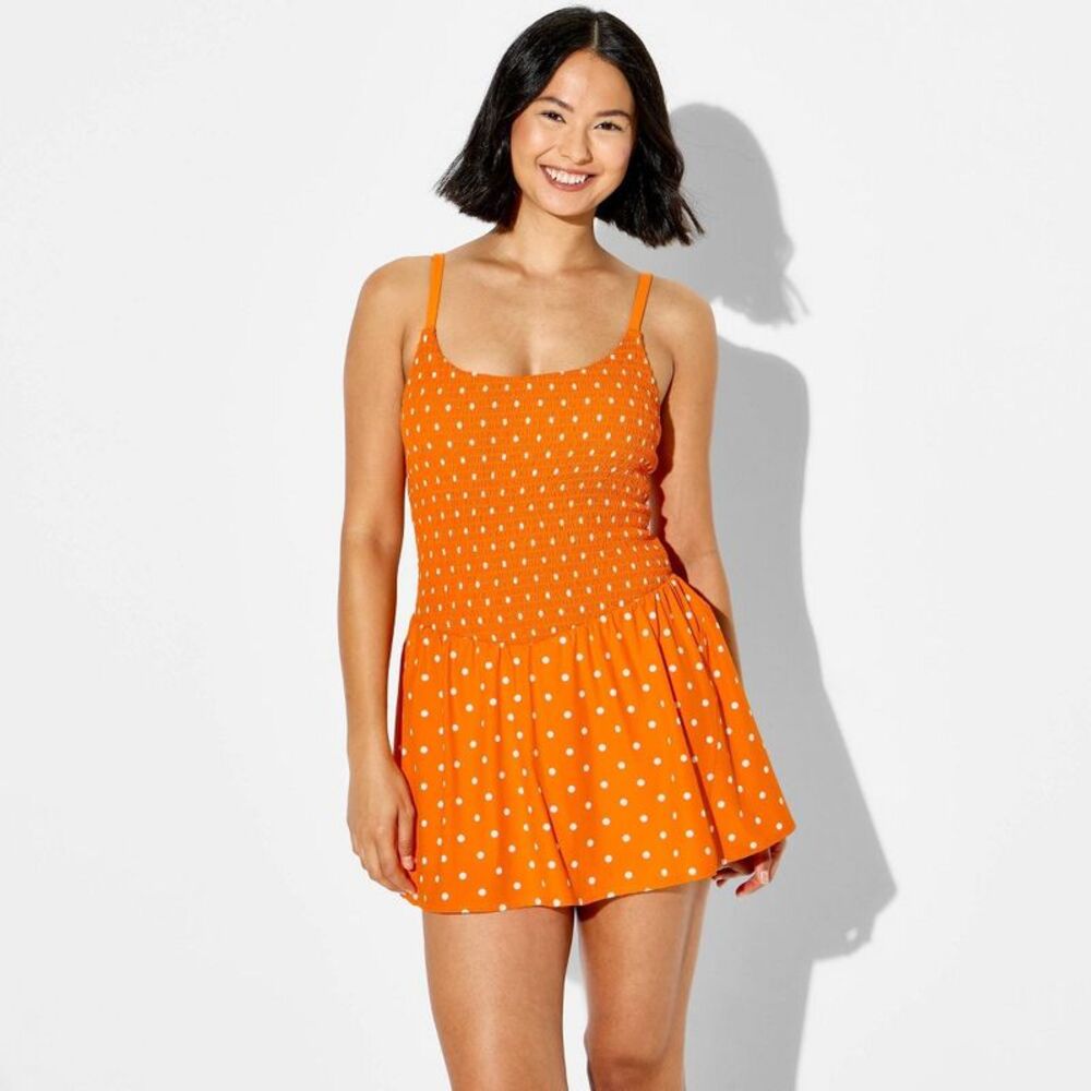 Women's Polka Dot Smocked Dress - JoyLab Orange Polka Dot XS